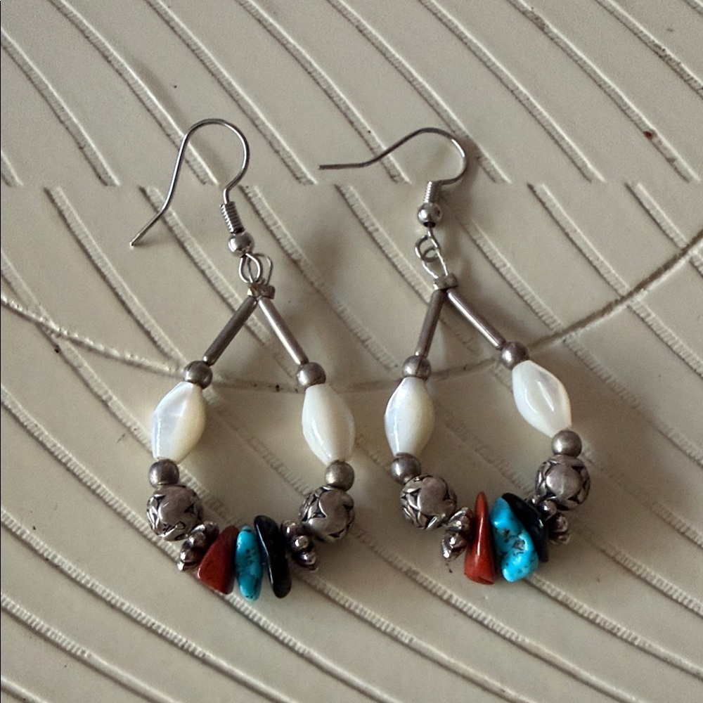Silver-Tone Hoop Earrings with Turquoise, Red and White Beads